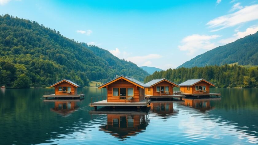 Schwimmende Ferienhäuser für Erholung in der Natur