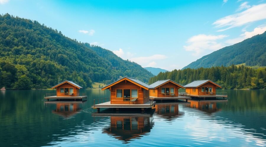 Schwimmende Ferienhäuser für Erholung in der Natur