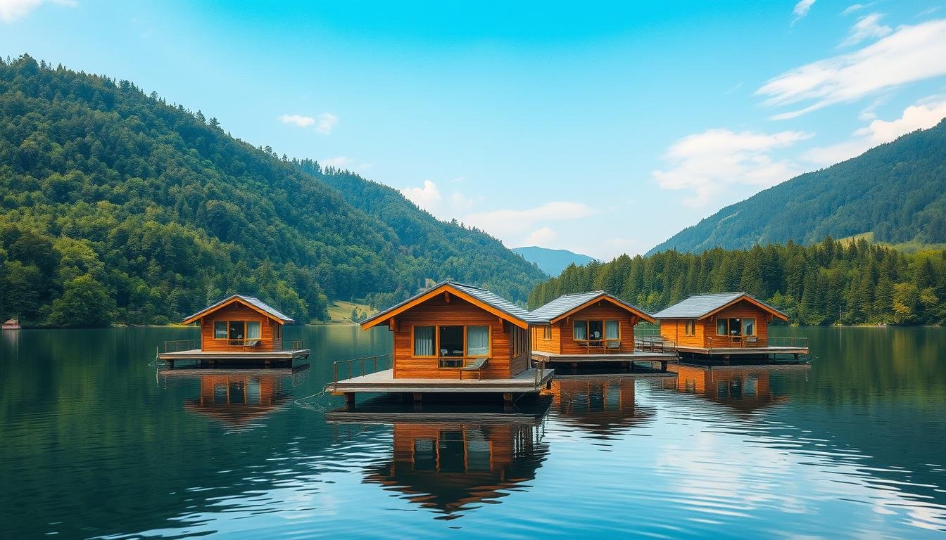Schwimmende Ferienhäuser für Erholung in der Natur